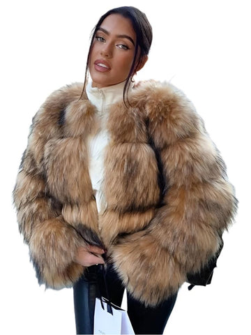 Luxurious Women’s Faux Raccoon Fur Coat – Short Plush Fluffy Jacket for Winter Fashion