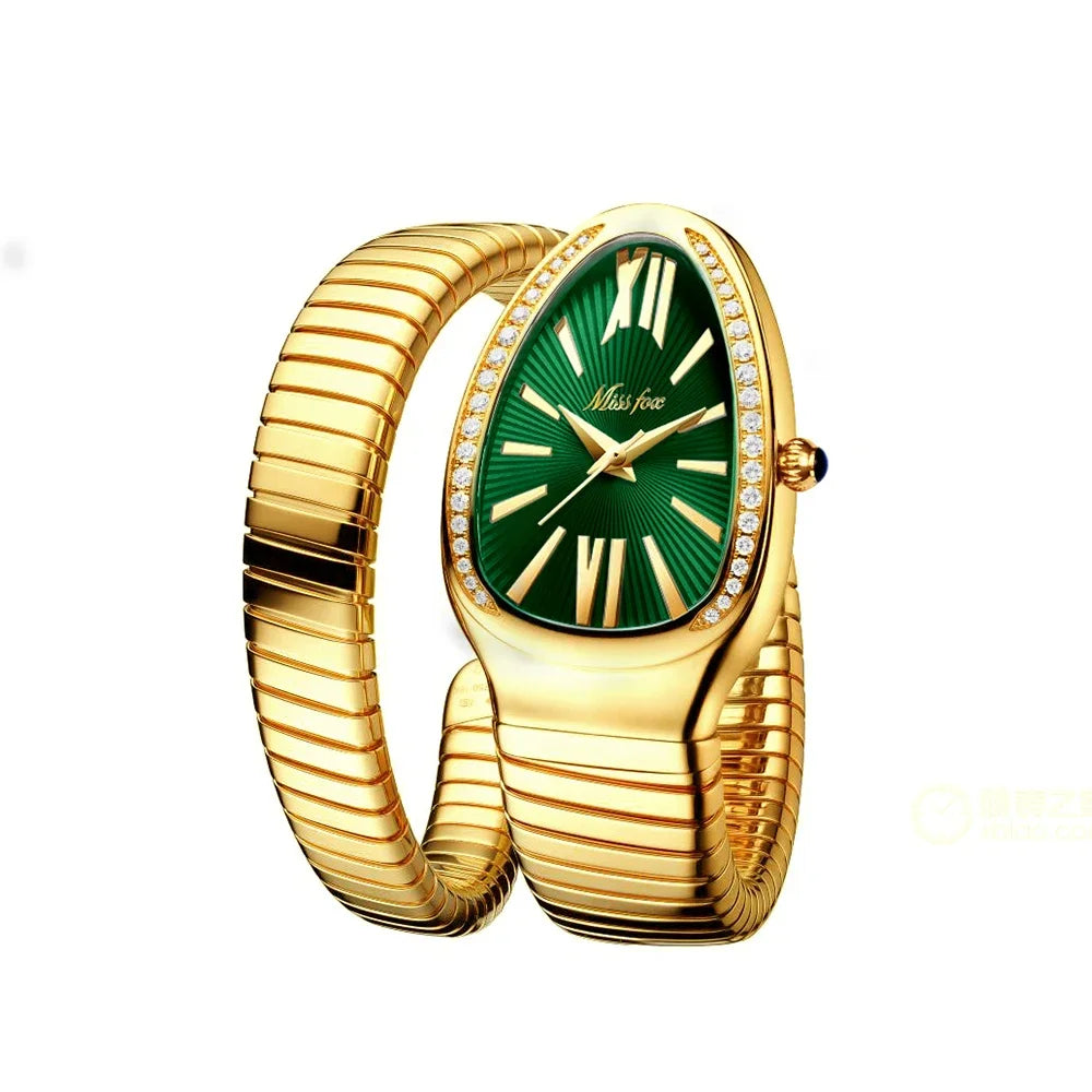 Fashion snake watch for women with gold expandable bracelet, green dial, diamond bezel, Roman numerals, and elegant luxury design on a white background