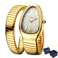 Fashion snake gold shape watch for women with full gold expandable bracelet, white dial, Roman numerals, diamond accents, and elegant luxury design