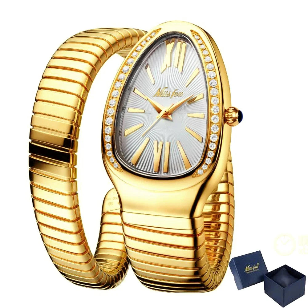 Fashion snake gold shape watch for women with full gold expandable bracelet, white dial, Roman numerals, diamond accents, and elegant luxury design