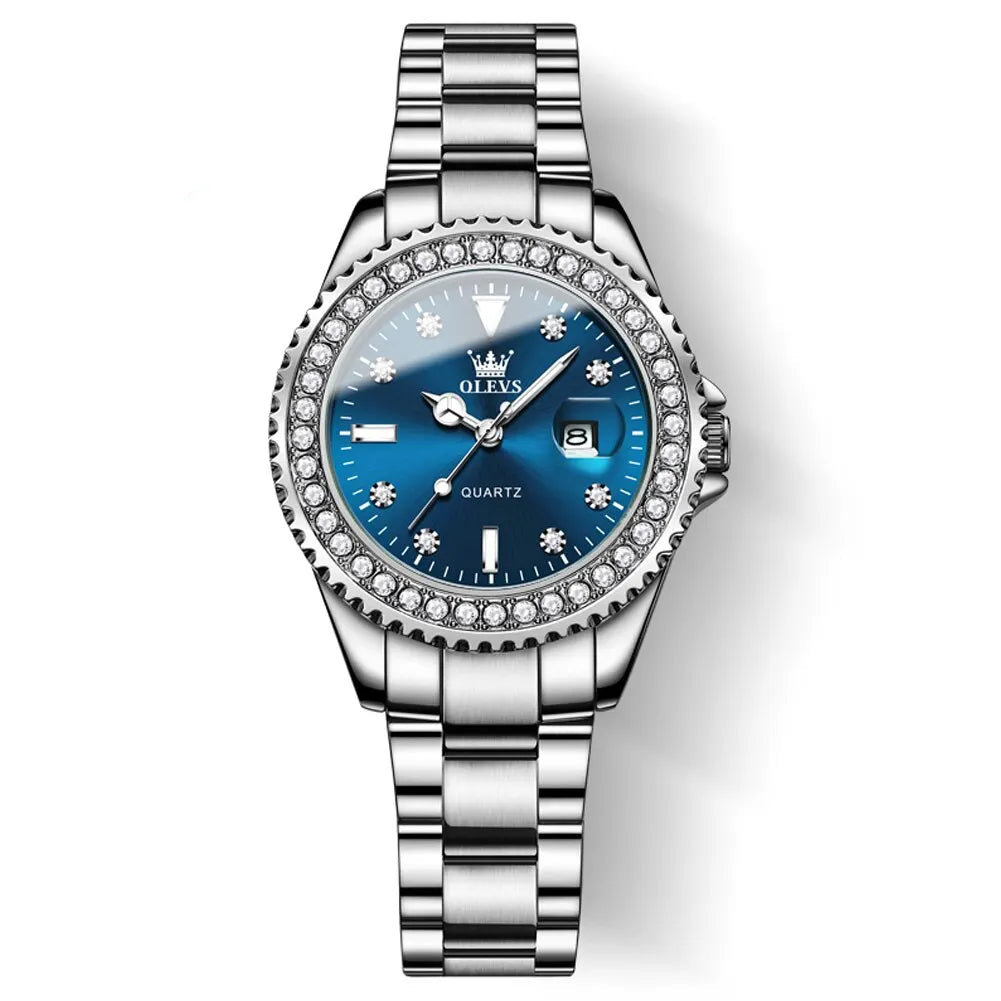Elegant women’s watch with green diamond dial, stainless steel case, crystal bezel, date display, and green leather strap waterproof style on a white background