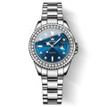 Fashionable women’s diamond dial quartz watch with blue face, stainless steel bracelet, crystal bezel, date display, and elegant waterproof design on a white background