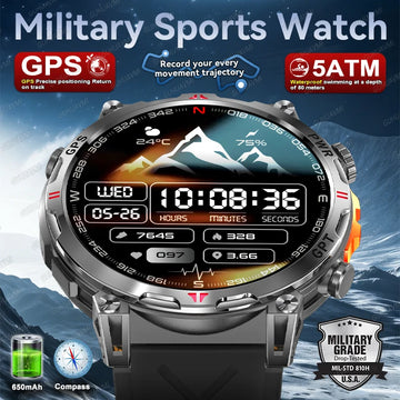 Military sports watch with digital display and mountain graphic on a blue background