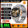 AMOLED GPS smartwatch with stainless steel strap, showing fitness and time display, featuring 5ATM waterproof design, compass functions, and rugged outdoor adventure style