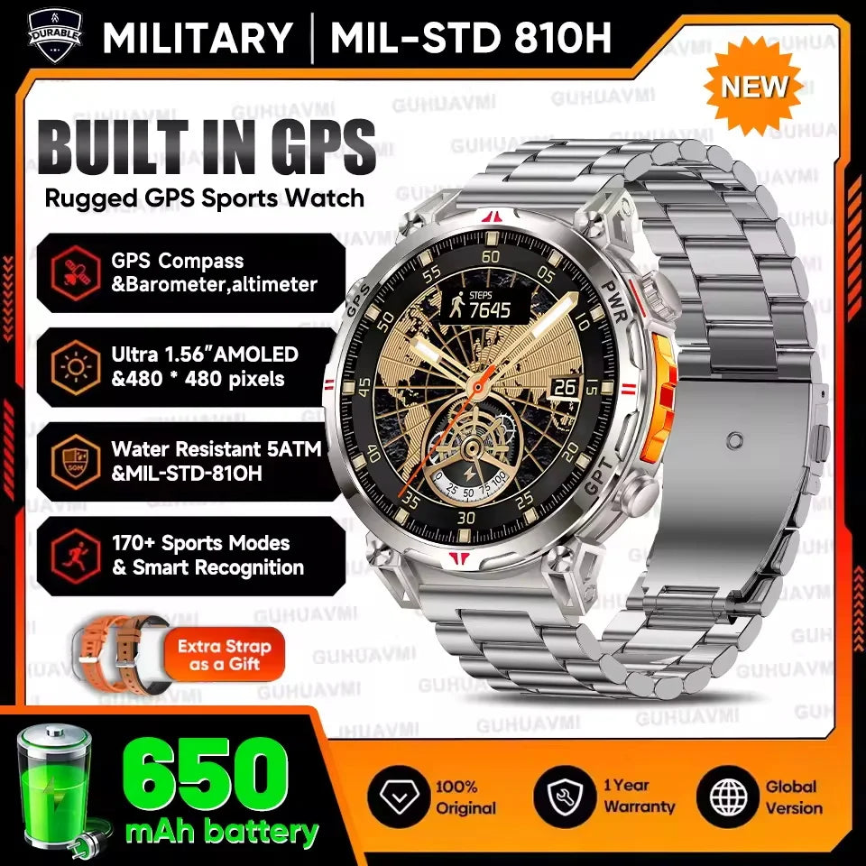 AMOLED GPS smartwatch with stainless steel strap, showing fitness and time display, featuring 5ATM waterproof design, compass functions, and rugged outdoor adventure style