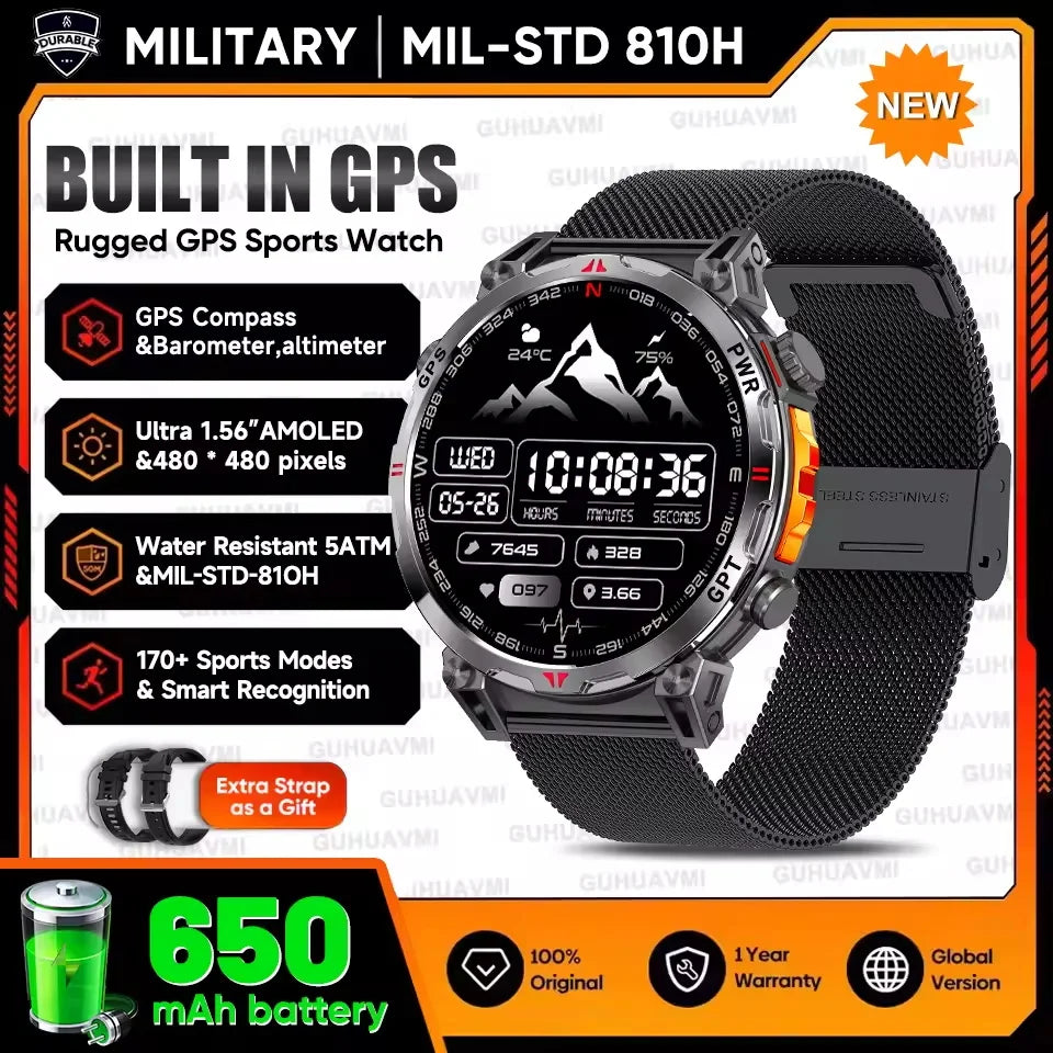Men’s GPS smartwatch with AMOLED display and rugged mesh strap, showing fitness metrics and navigation, featuring 5ATM waterproof design and Bluetooth calling for outdoor sports use