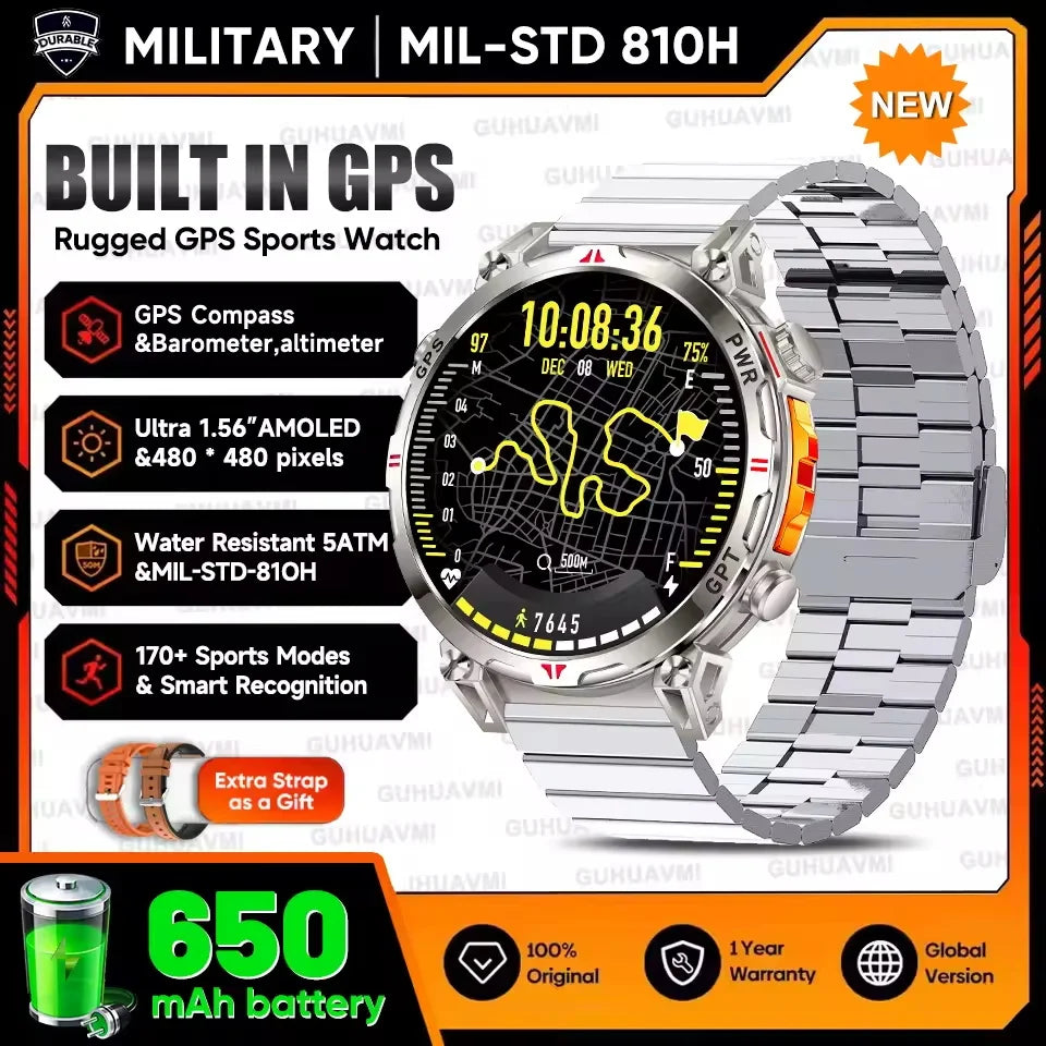 Men’s GPS smartwatch with AMOLED display and metal strap, showing navigation route and fitness data, featuring 5ATM waterproof design, compass functions, and Bluetooth calling for outdoor use