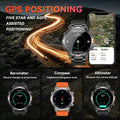 GPS smartwatch for men showing route tracking, navigation map, compass, barometer, and altimeter functions with 5ATM waterproof design for outdoor adventure and fitness tracking