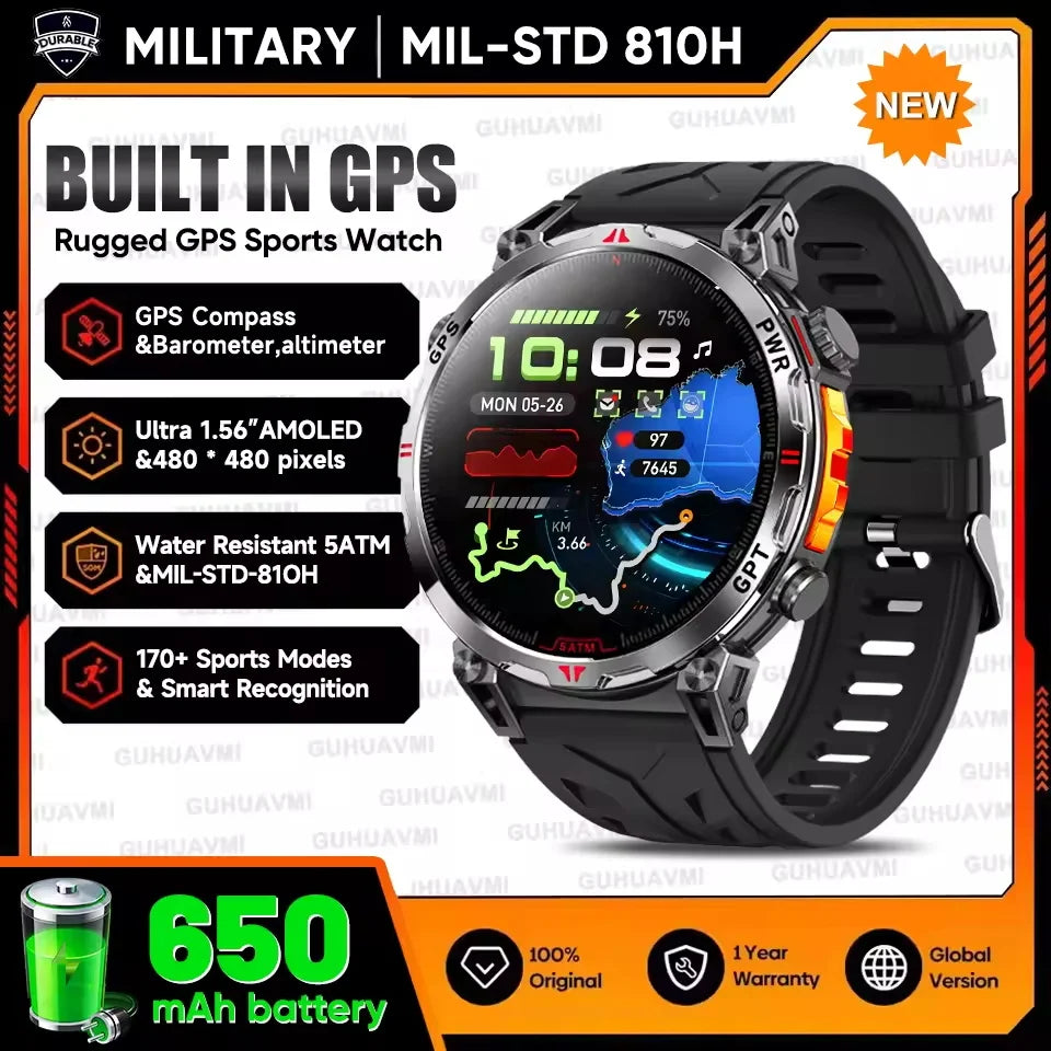 GPS smartwatch for men with AMOLED display, showing route tracking and fitness data, featuring 5ATM waterproof design, Bluetooth calling, and rugged outdoor sports build