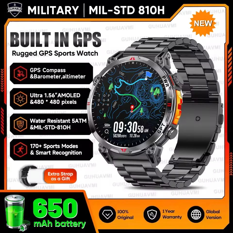 Military-style smartwatch with GPS and various features on a promotional background