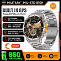 Military-style GPS sports watch with features highlighted on an orange and white background