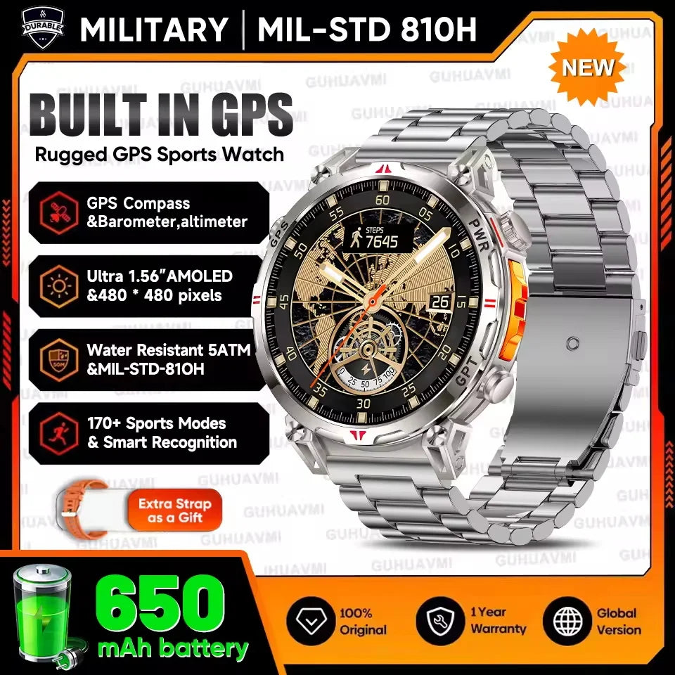 Military-style GPS sports watch with features highlighted on an orange and white background