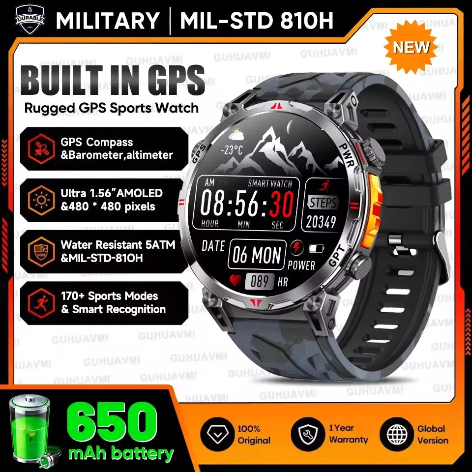 Rugged GPS sports watch with military specifications on a white background