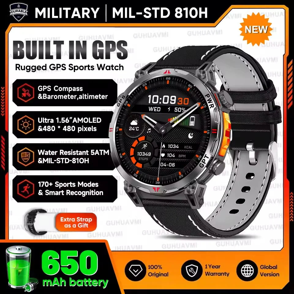 GPS smartwatch with AMOLED display and rugged design, showing fitness metrics and navigation, featuring 5ATM waterproof build, compass functions, and outdoor sports tracking style