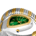 Glam snake shape women’s watch with green dial, gold and silver expandable bracelet, diamond accents, and elegant luxury shine design