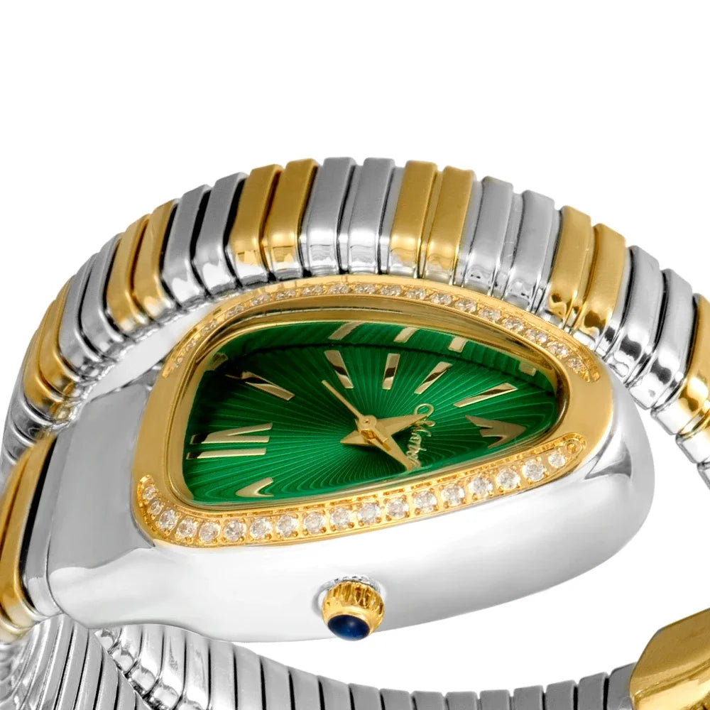Glam snake shape women’s watch with green dial, gold and silver expandable bracelet, diamond accents, and elegant luxury shine design