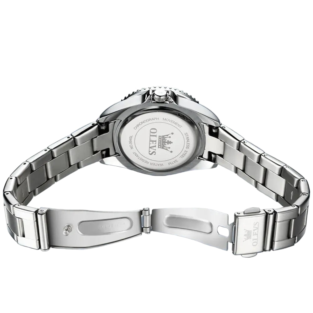 Silver watch with OLEVS branding on a white  background