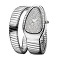 Gorgeous snake shape women’s watch with silver expandable bracelet, crystal dial, diamond bezel, and sleek shiny luxury design on a white background