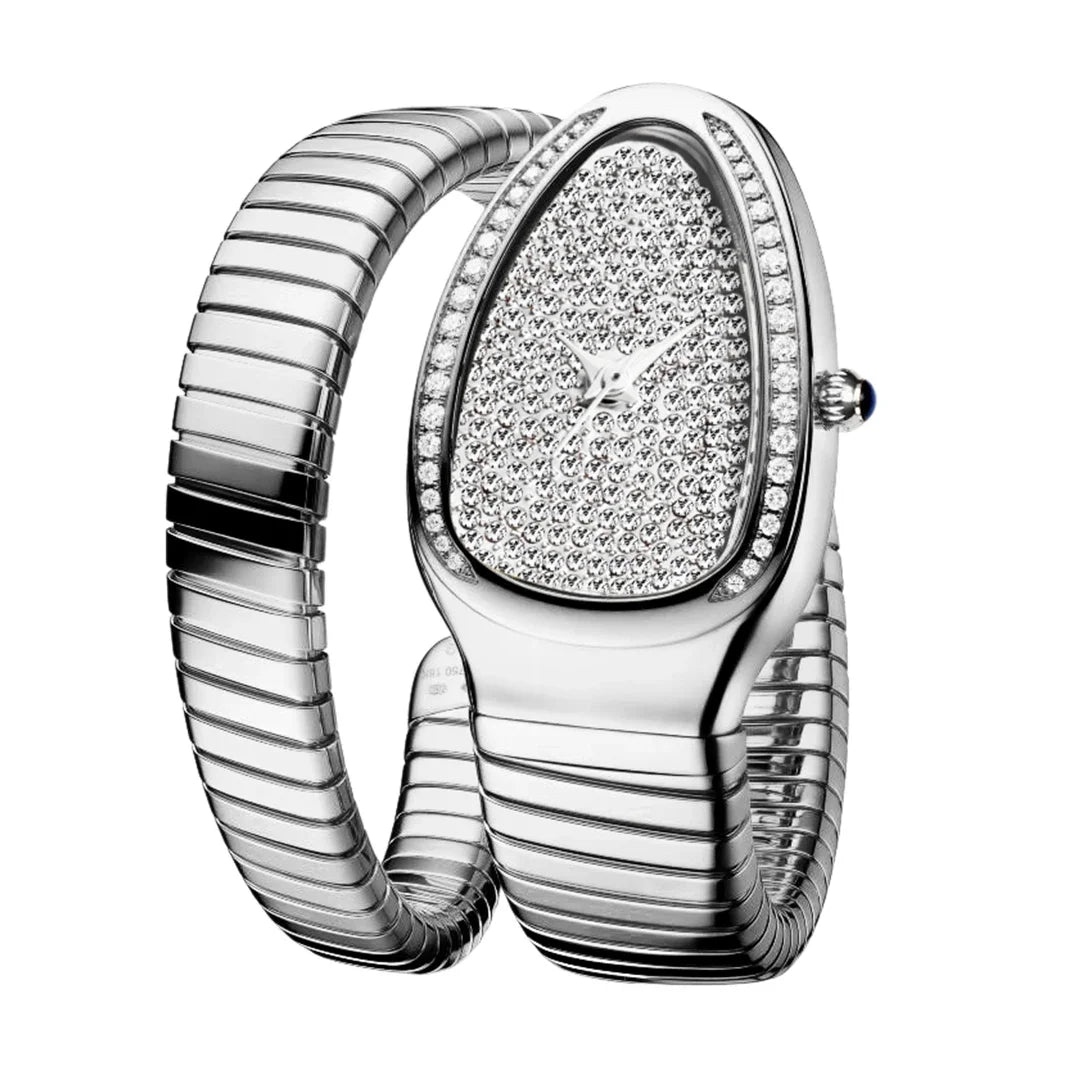 Gorgeous snake shape women’s watch with silver expandable bracelet, crystal dial, diamond bezel, and sleek shiny luxury design on a white background