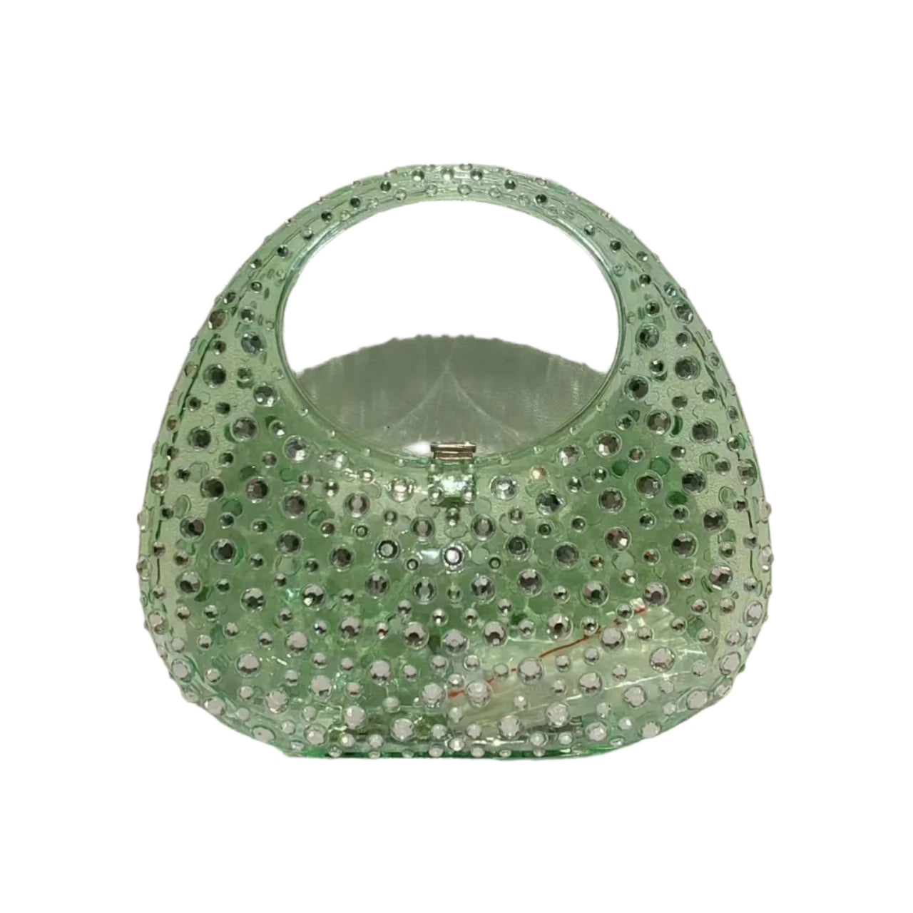Green handbag with rhinestone embellishments on a white background