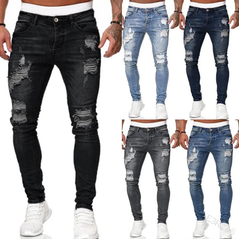 Men's Ripped Skinny Jeans - Vintage Wash Streetwear Slim Fit Denim Pants, Casual Solid Pencil Trousers, Hot Sale