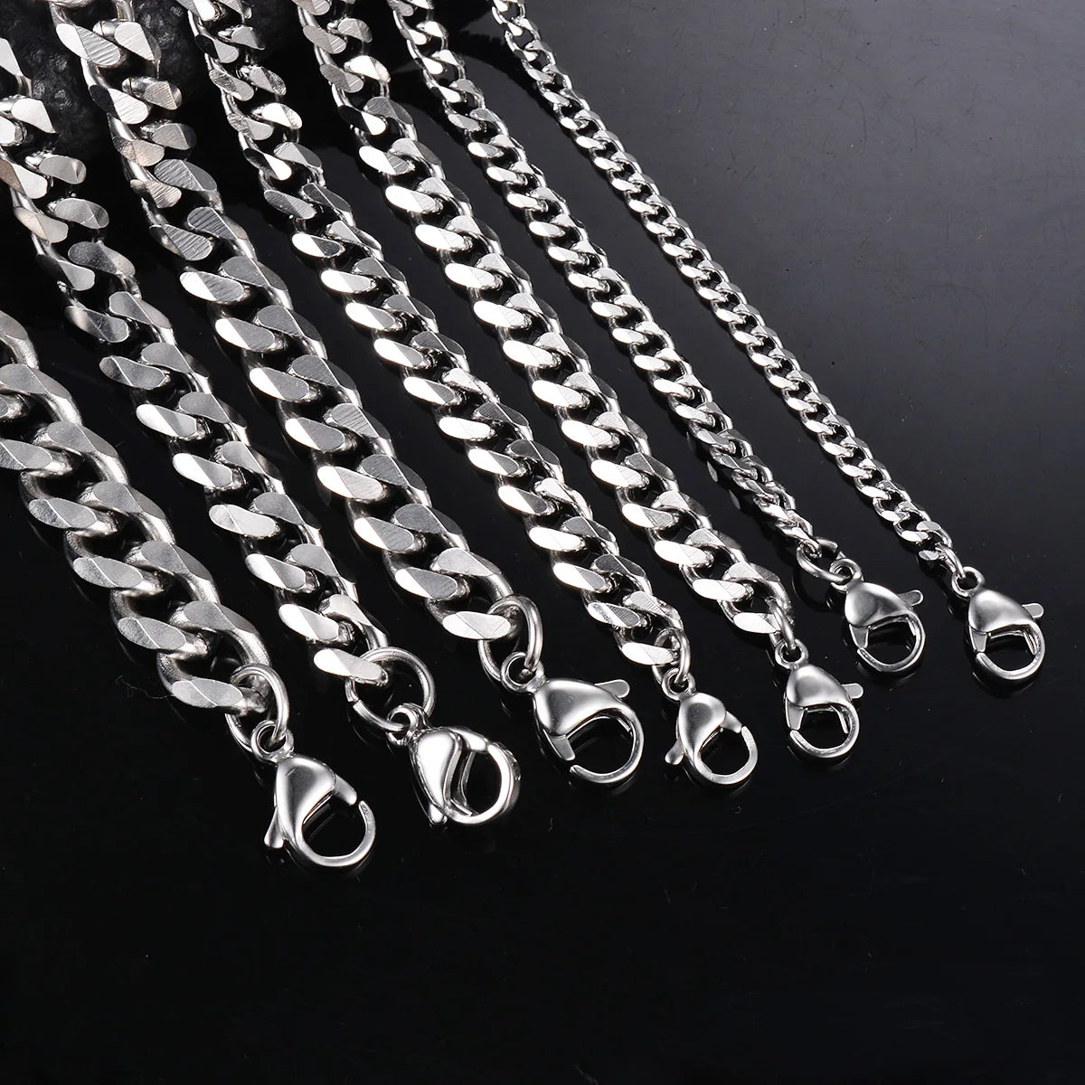 1 piece Size 3.6mm-9mm Men's Necklace: Stainless Steel Cuban Link Chain Bracelet Necklace, Steel Color Male Jewelry.