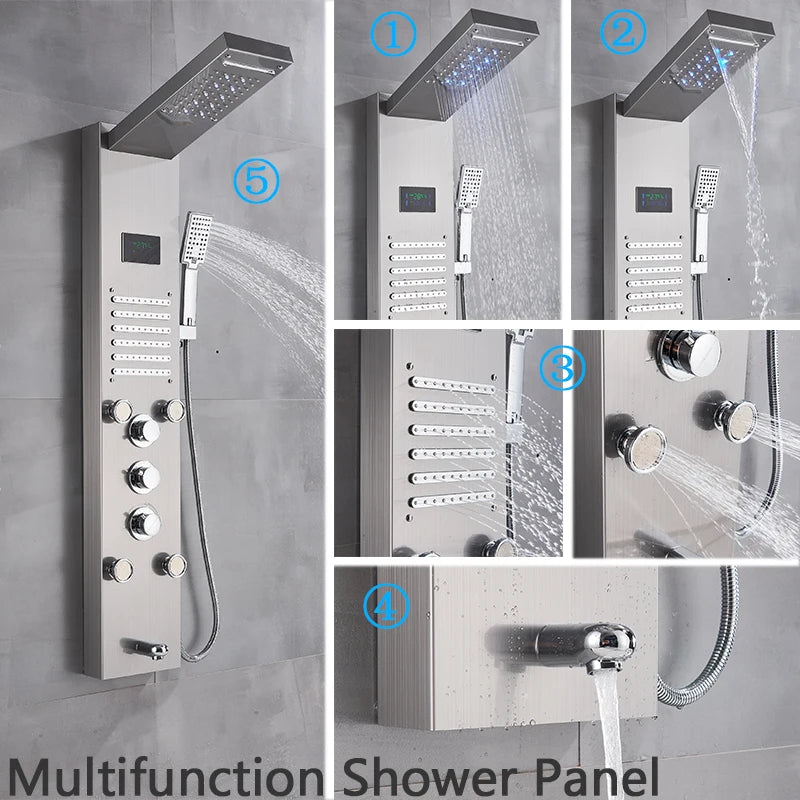 Brushed Nickel LED Shower Panel with Digital Screen, 6-Mode Rainfall Shower Faucets & Mixer Tap for Bathroom