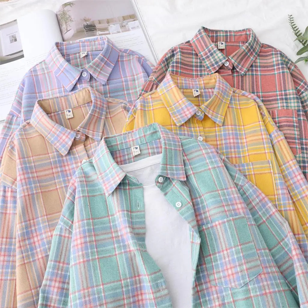 New Fashion Loose Women’s Plaid Shirt - College Style Long Sleeve Casual Blouse