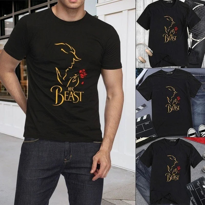 Beast & Beauty King Queen Couples T-Shirts - Matching Summer Fashion Casual O-Neck Tops for Lover