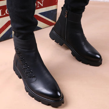 Italian Designer Men's Leather Cowboy Boots - Black Ankle Platform Shoes for Autumn/Winter