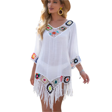 Women’s White Crochet Bikini Cover-Up – Fringe Trim Hollow Out Tunic Beach Dress for Summer Swimwear & Bathing Suit Layering