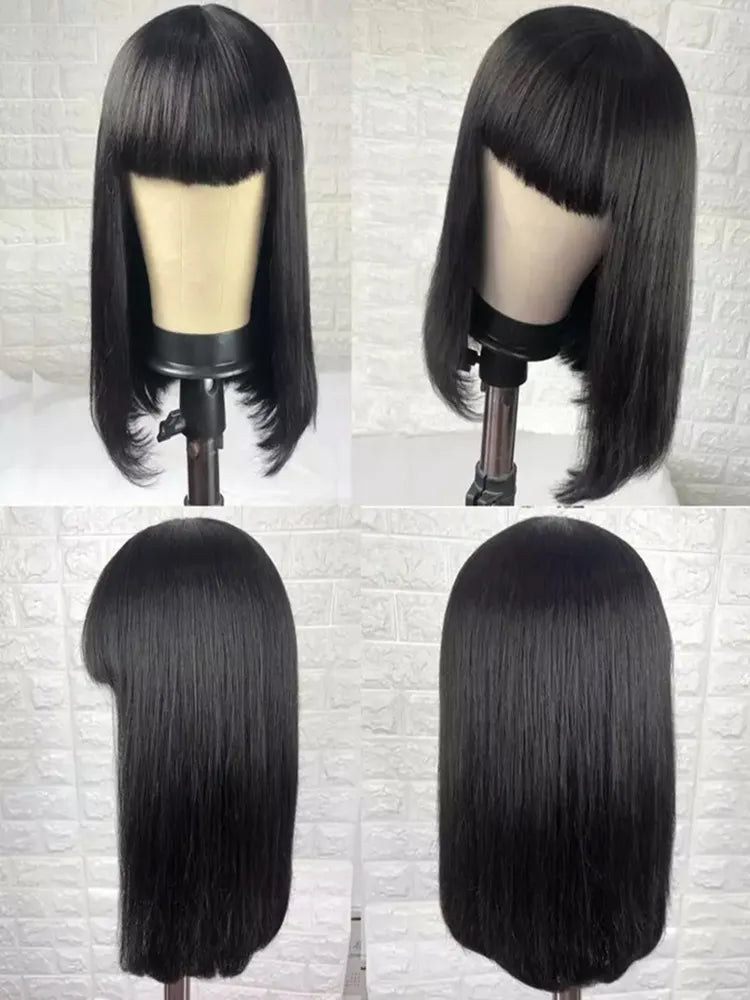 100% Human Hair Wig With Bangs - Short Bob Human Hair Wigs for Black Women. Affordable, Brazilian Straight Black Wig with a 30-Inch Long Fringe.