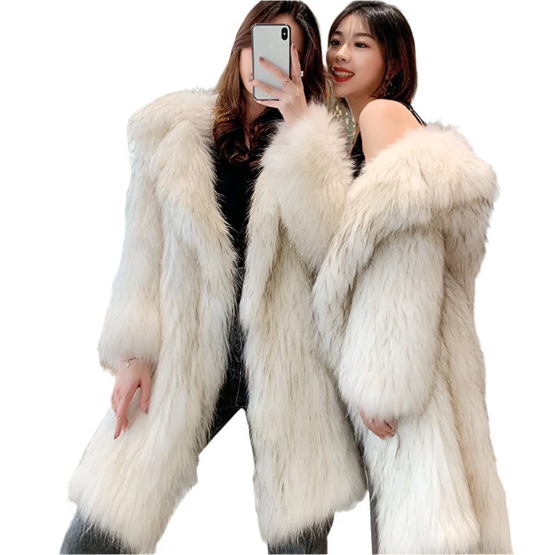 Fox Fur Winter Coat for Women - Long, Warm Raccoon-Style Faux Fur Overcoat, Large Size Casual Windbreaker