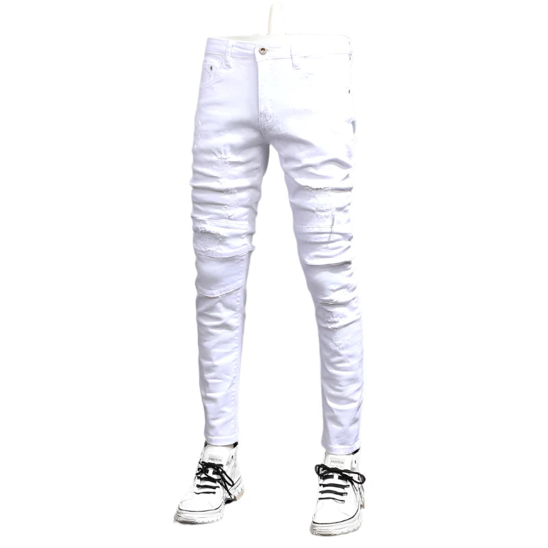 Summer Men’s White Slim Fit Jeans – Casual Cotton Straight Pants with Ripped Streetwear Design