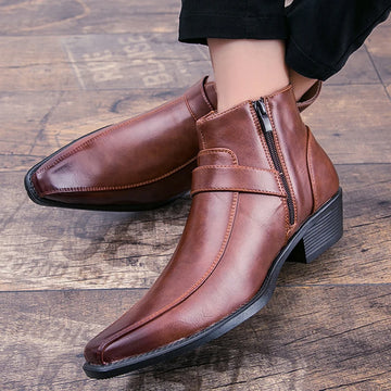 Men's Retro Leather Chelsea Boots – Pointed Toe Cowboy Ankle Boots with Zipper for Autumn & Winter