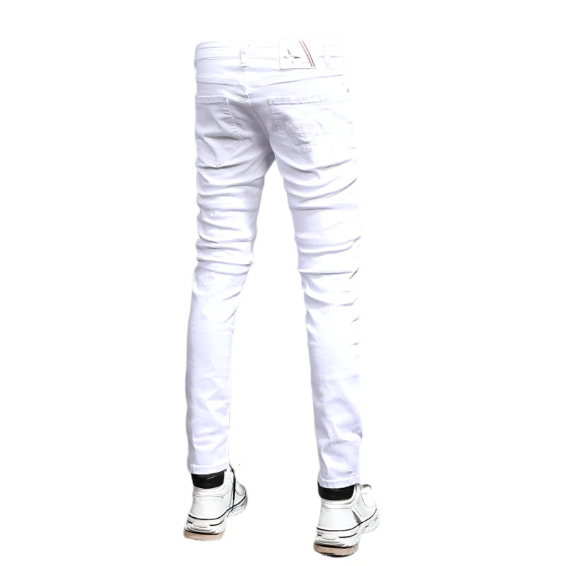 Summer Men’s White Slim Fit Jeans – Casual Cotton Straight Pants with Ripped Streetwear Design