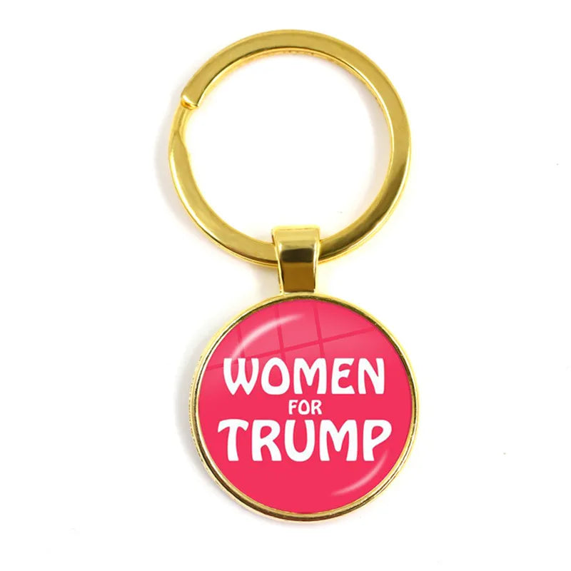 Women For Trump 2024 Glass Cabochon Necklace - Golden Plated Keyring Holder, 3D Print Election Jewelry for Women and Men