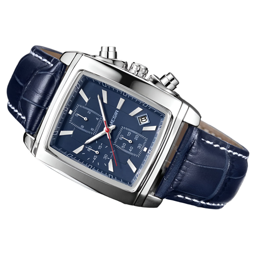 Megir Men's Chronograph Watch – Rectangle Dial Quartz Wristwatch with Blue Leather Strap, Casual & Stylish Design