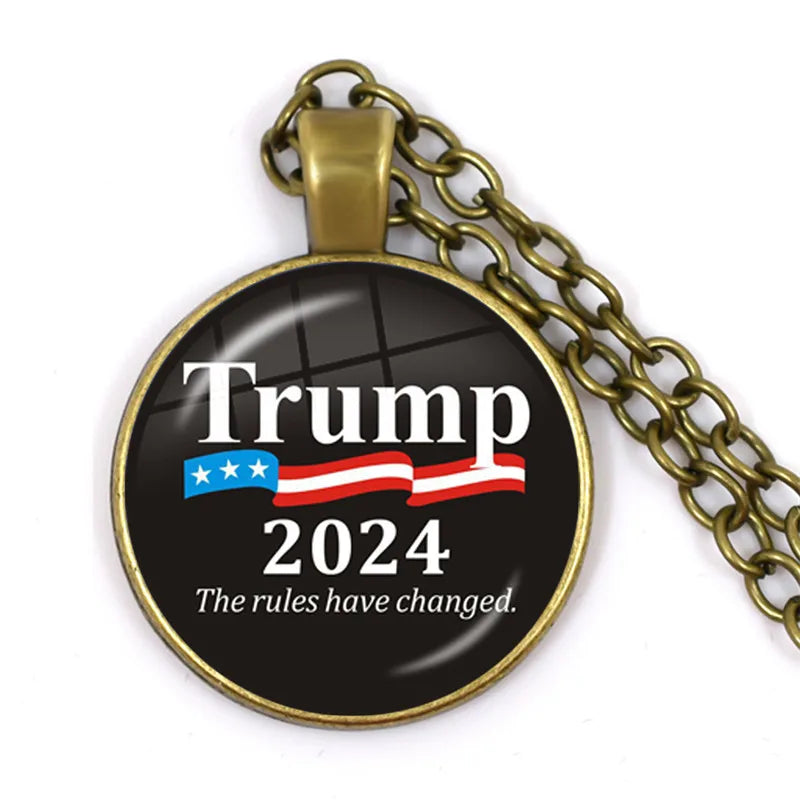 He Will Be Back 2024 Trump Pendant Necklace - Antique Bronze Glass Cabochon Jewelry for Men and Women, USA Support Collection