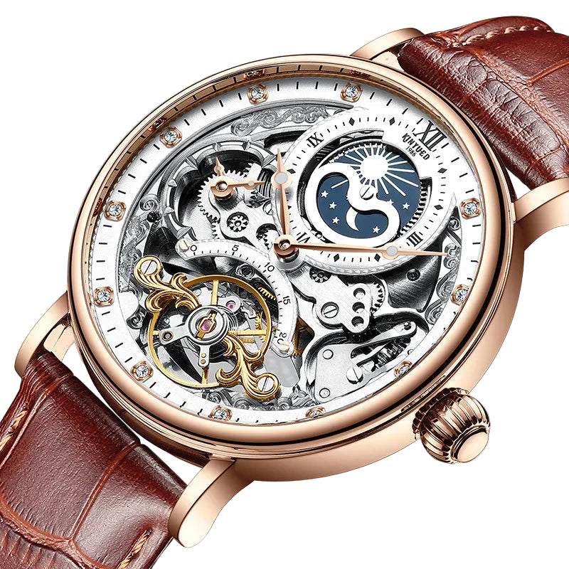 Men’s Luxury Rose Gold Skeleton Tourbillon Automatic Mechanical Watch – Waterproof Top Brand Wristwatch