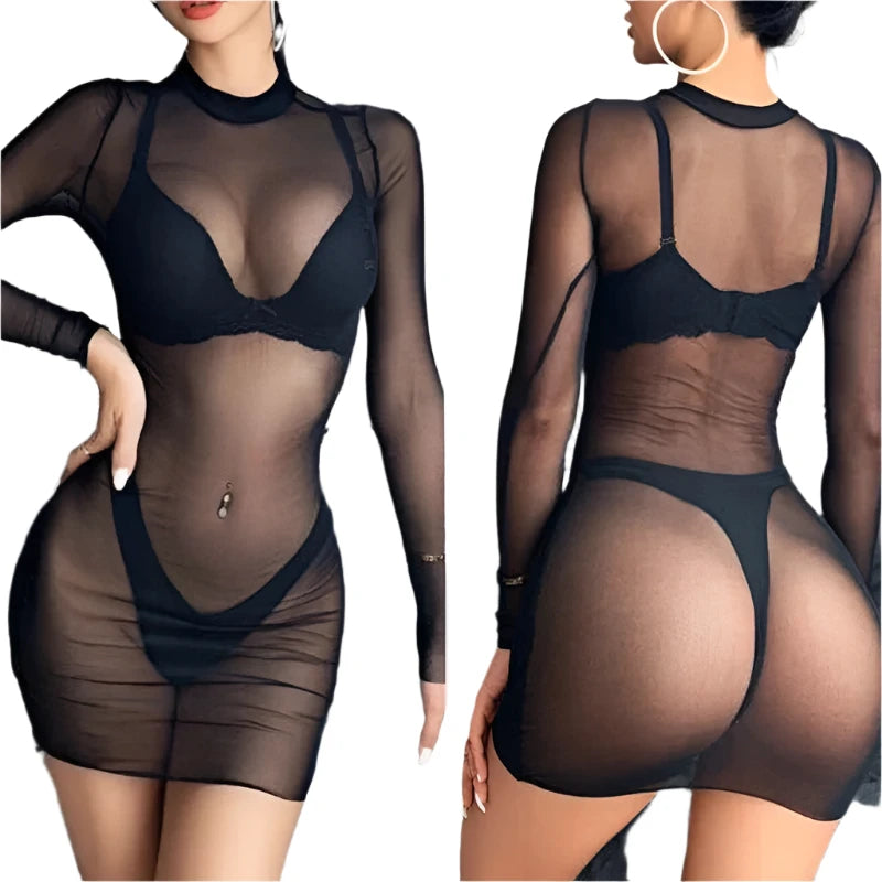 Plus Size Sheer Mesh Lingerie Dress | Sexy See-Through Long Sleeve Nightgown & Clubwear for Women