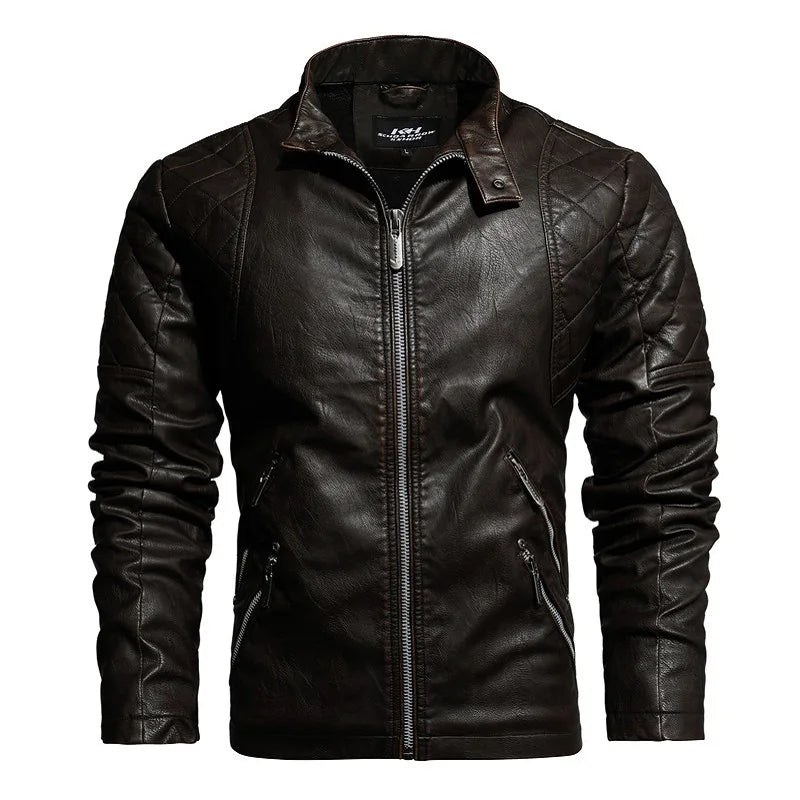 Men's Slim Fit PU Leather Motorcycle Jacket - Fleece-Lined Autumn & Spring Casual Biker Coat