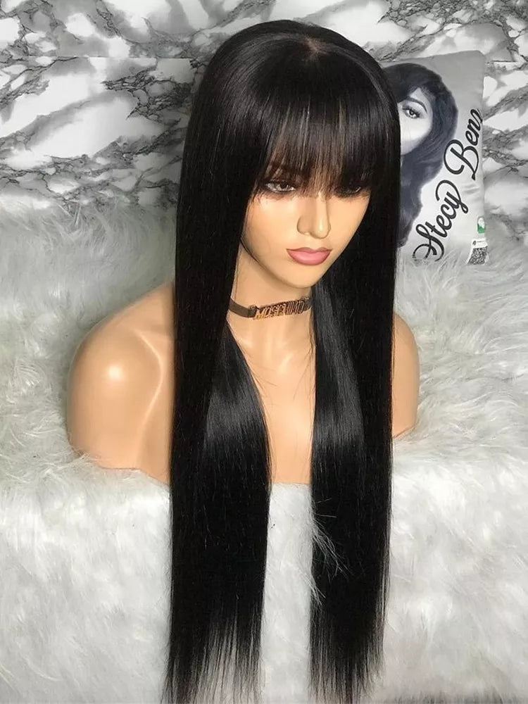 100% Human Hair Wig With Bangs - Short Bob Human Hair Wigs for Black Women. Affordable, Brazilian Straight Black Wig with a 30-Inch Long Fringe.