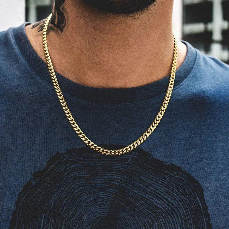 Cuban Chain Necklace for Men and Women: Basic Punk Stainless Steel Curb Link Chain Chokers, Vintage Gold Color Solid Metal Collar.