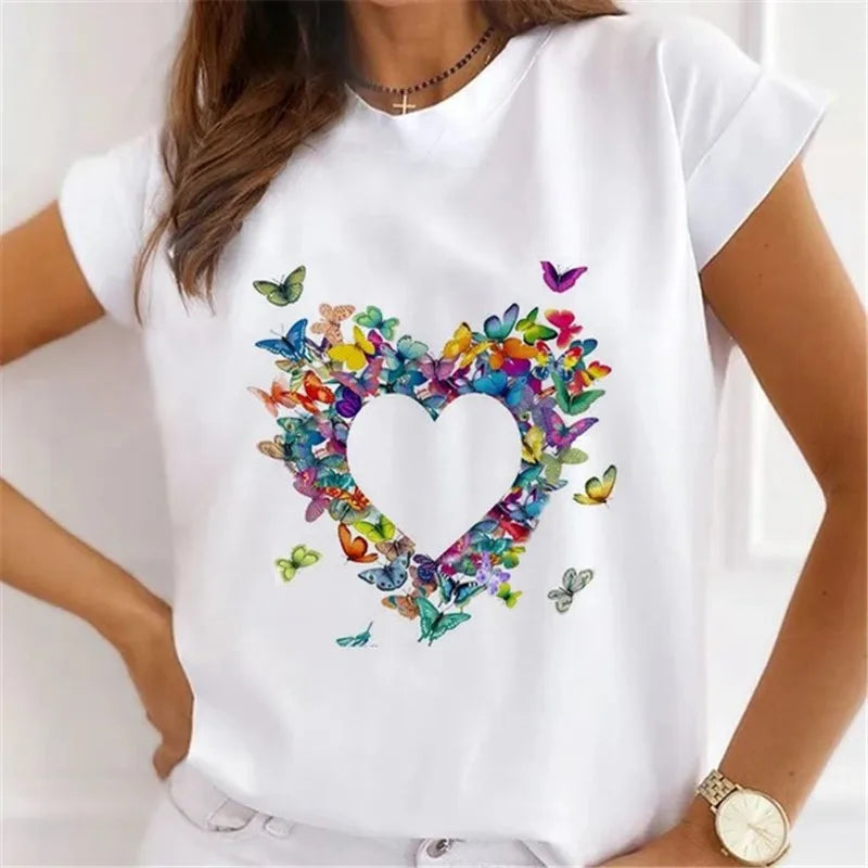 Fashion Heart Butterfly Flower Print T-Shirt - Summer Graphic Tee, Funny Crew Neck Top for Women