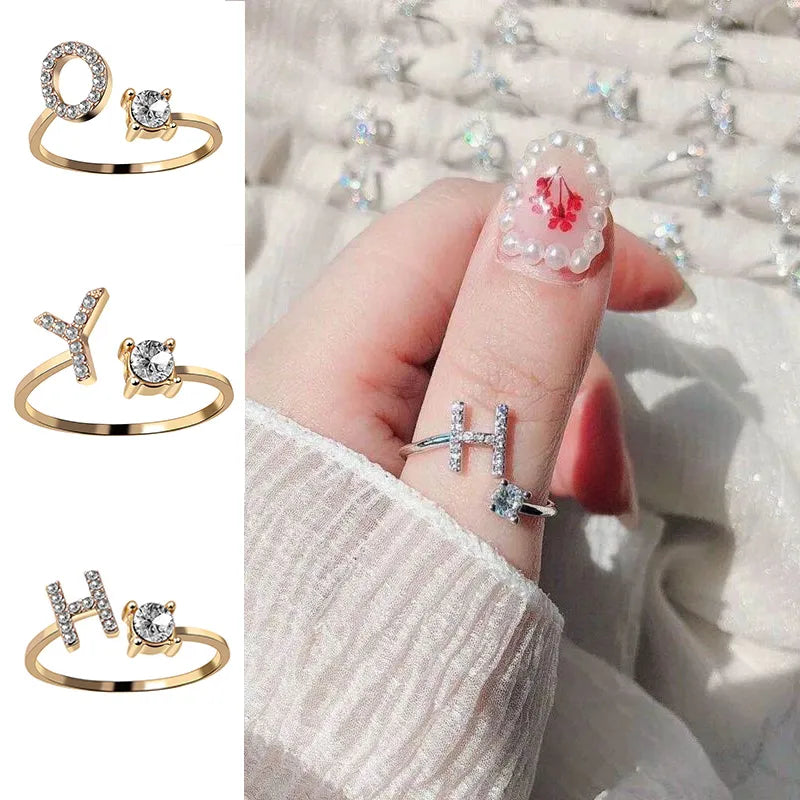 The 26 Alphabet Open Finger Rings: A-Z Initials Name Alphabet Female Creative Ring, Fashion Wedding Party Jewelry Gifts