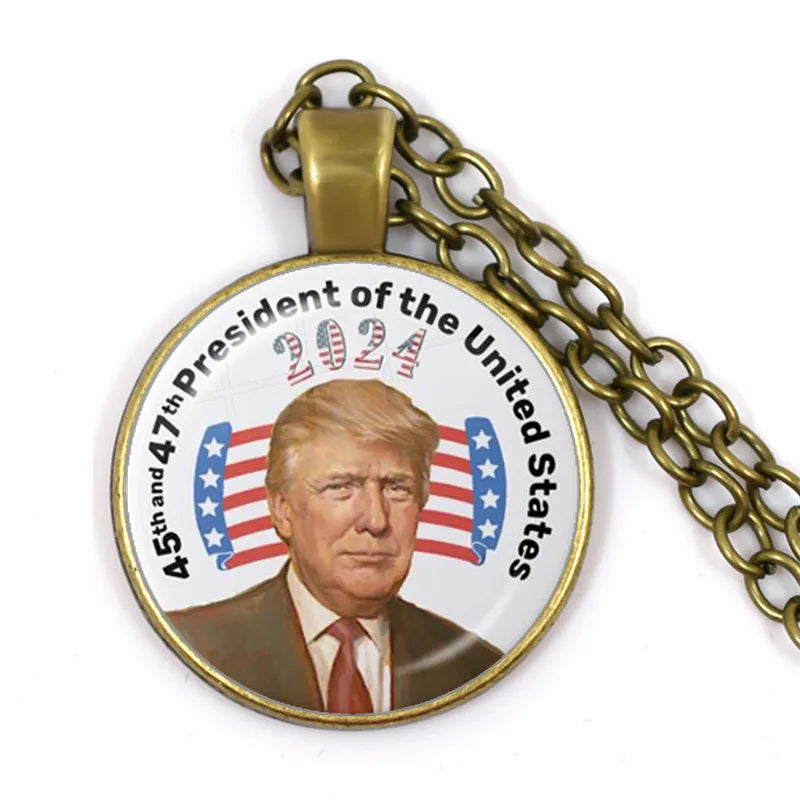 He Will Be Back 2024 Trump Pendant Necklace - Antique Bronze Glass Cabochon Jewelry for Men and Women, USA Support Collection