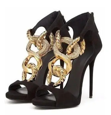 Summer Women's Black Suede Peep-Toe Sandals – Gold Metal Chain, Back Zipper, Thin Heels, 12cm High-Heel Party Shoes