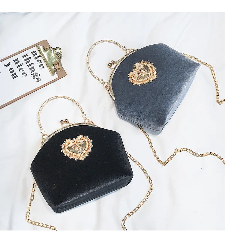 Women Velvet Pearl Handbag: Vintage Velour Heart Design Evening Bag, Wedding Party Bride Clutch, Velour Bag Purse