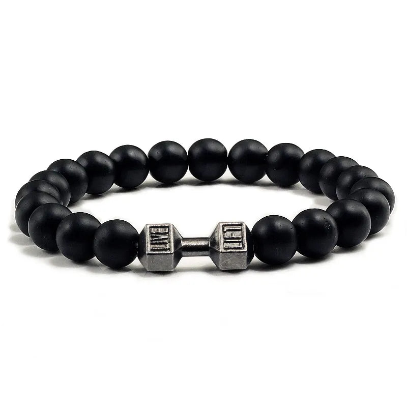 Natural Volcanic Stone Bracelet for Men: Matte Black Lava White Beads Charm Dumbbell Strand Bracelets for Women, Barbell Fitness Jewelry